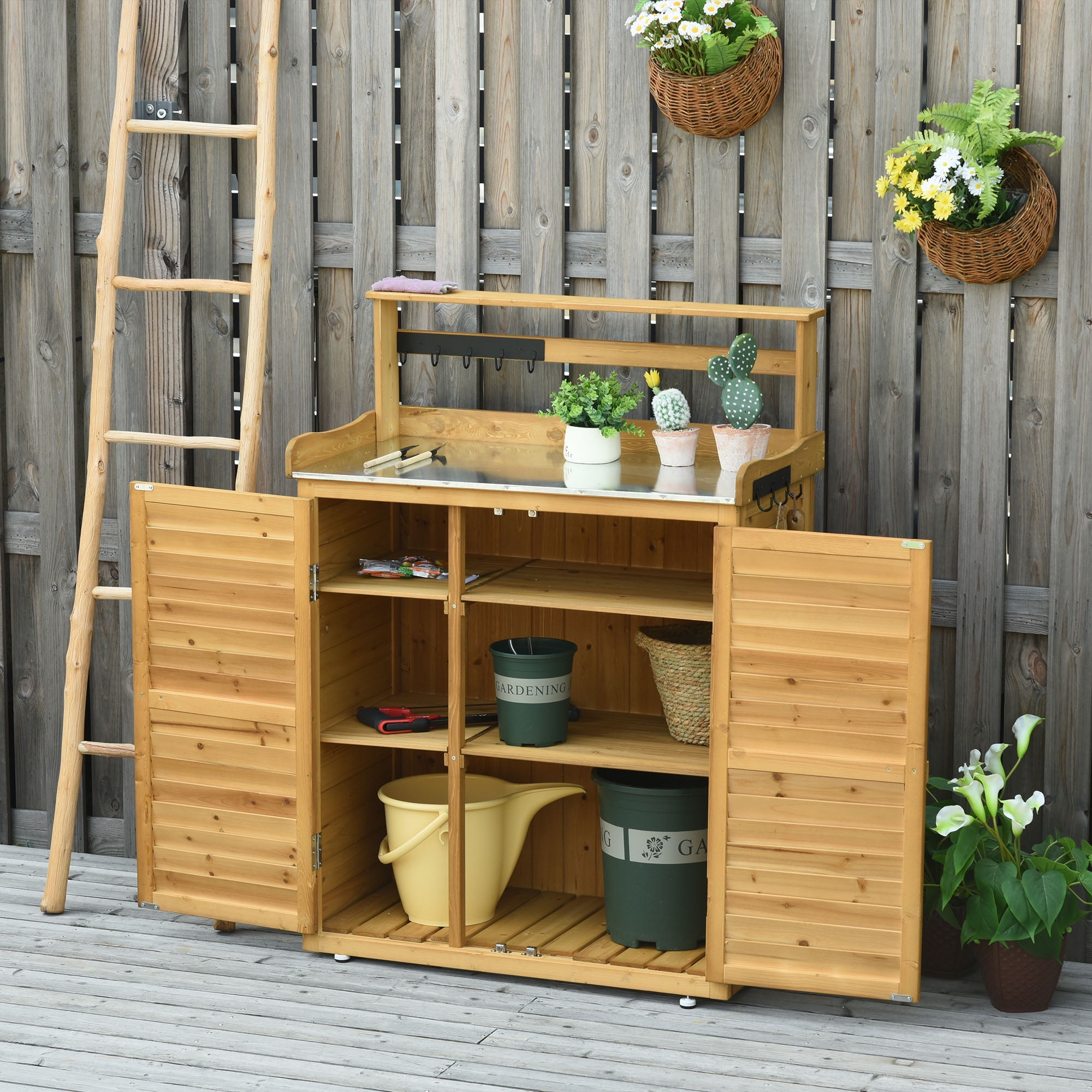 Natural Fir Wood Garden Potting Bench with Shelves and Hooks