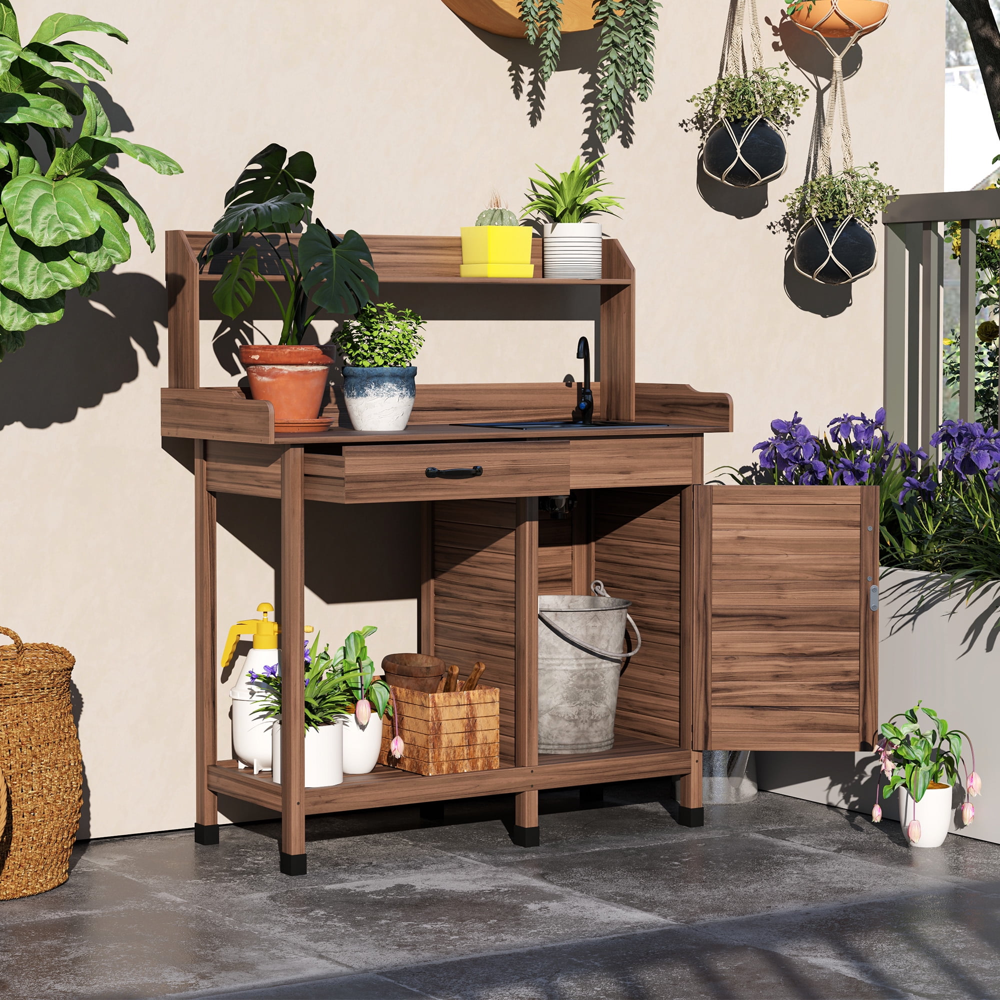 Outsunny Garden Potting Bench Table with Sink, Lockable Storage Cabinet ...