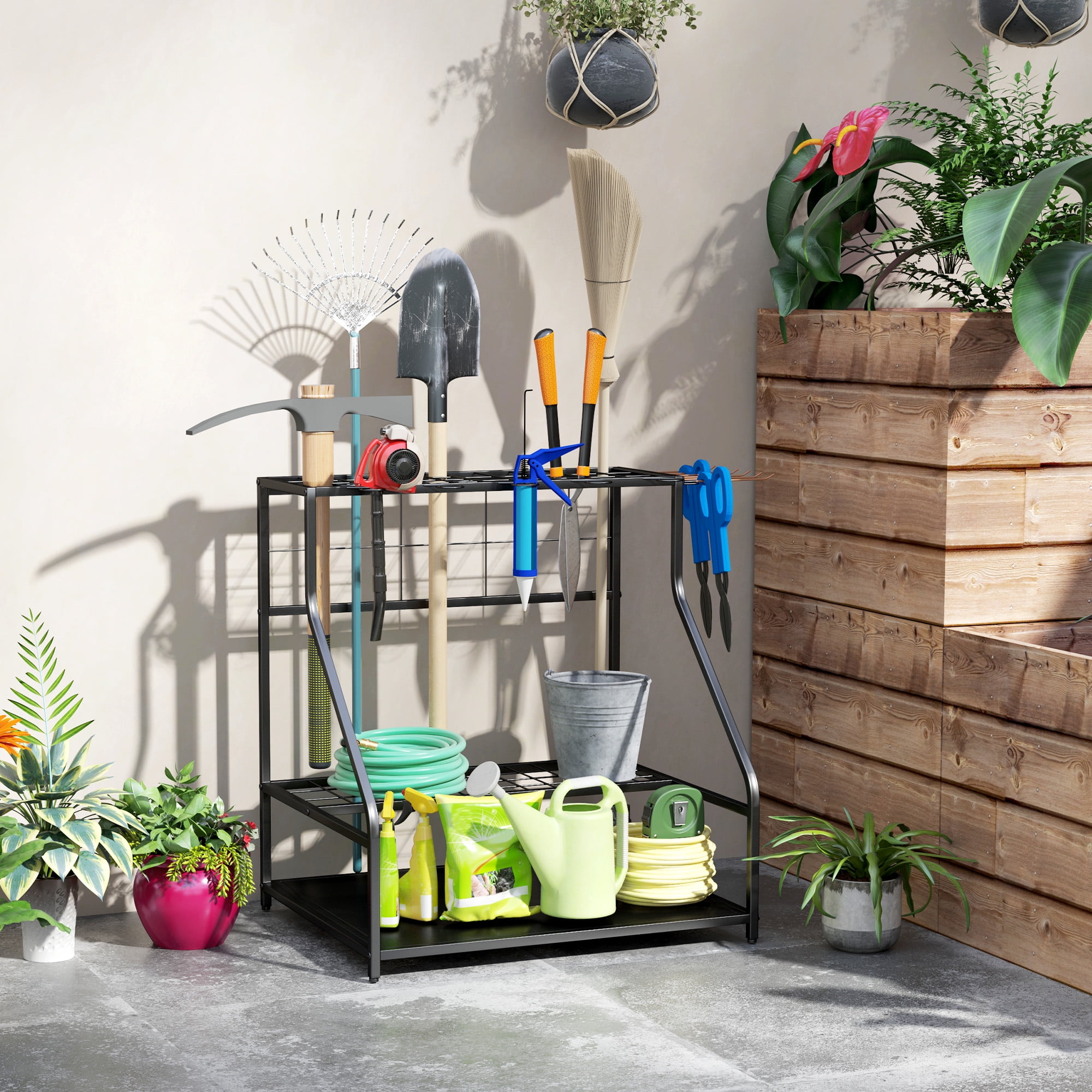 Outsunny Garden Tool Organizer for Garage, 3 Tier Yard Tool Storage Rack with Hooks, Orange