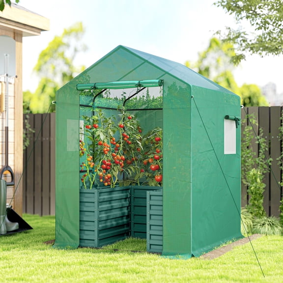 Outsunny Greenhouse with Raised Garden Bed, Steel Planter Box with PE Cover, Roll Up Door and Windows, Green