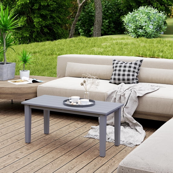 Outsunny HDPE Outdoor Coffee Table, Rectangle All-Weather Patio Coffee Table, Slatted Outdoor Patio Table for Garden, Balcony, Backyard, Gray