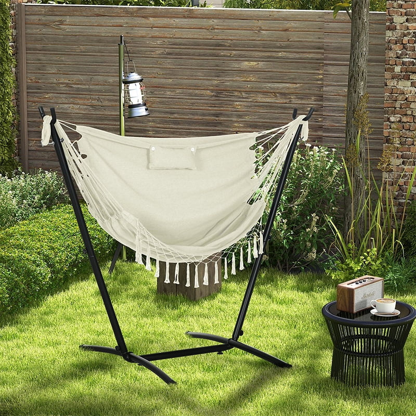 Cream White Cotton Hammock Swing Chair with Stand and Headrest