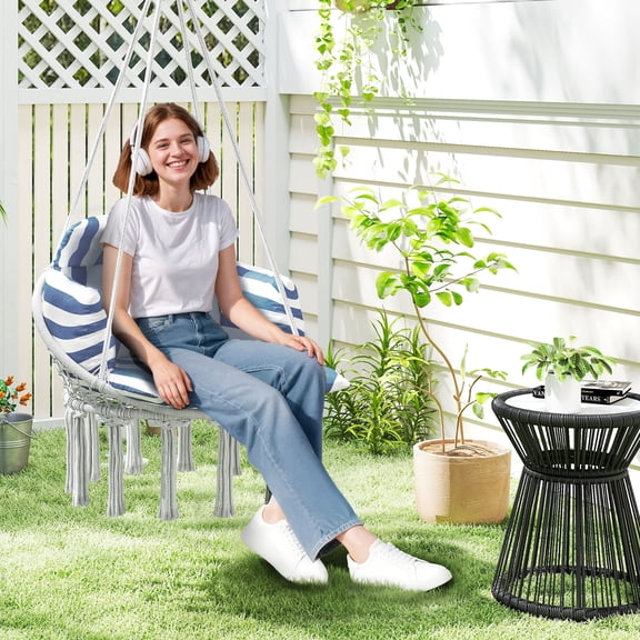 Outsunny Hanging Hammock Chair, Cotton Rope Macrame Swing Chair with Large Cushion, Chain, Steel Frame for Indoor Outdoor Patio Balcony, Blue