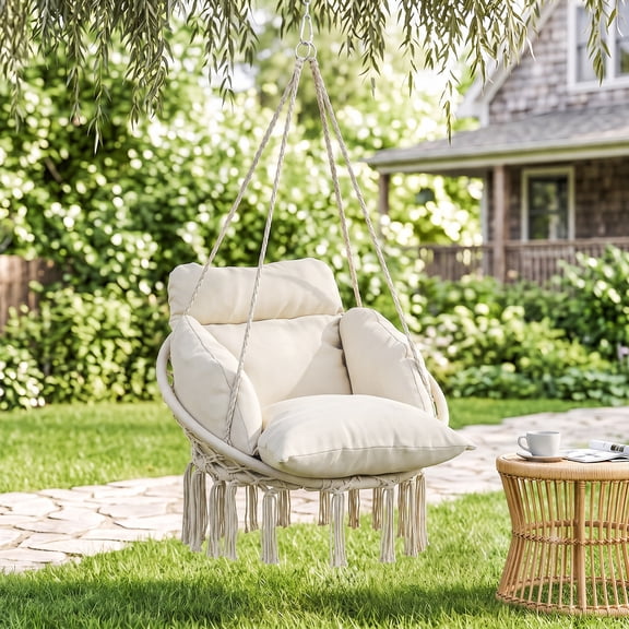 Outsunny Hanging Hammock Chair, Cotton Rope Macrame Swing Chair with Large Cushion, Chain, Steel Frame for Indoor Outdoor Patio Balcony, Cream White