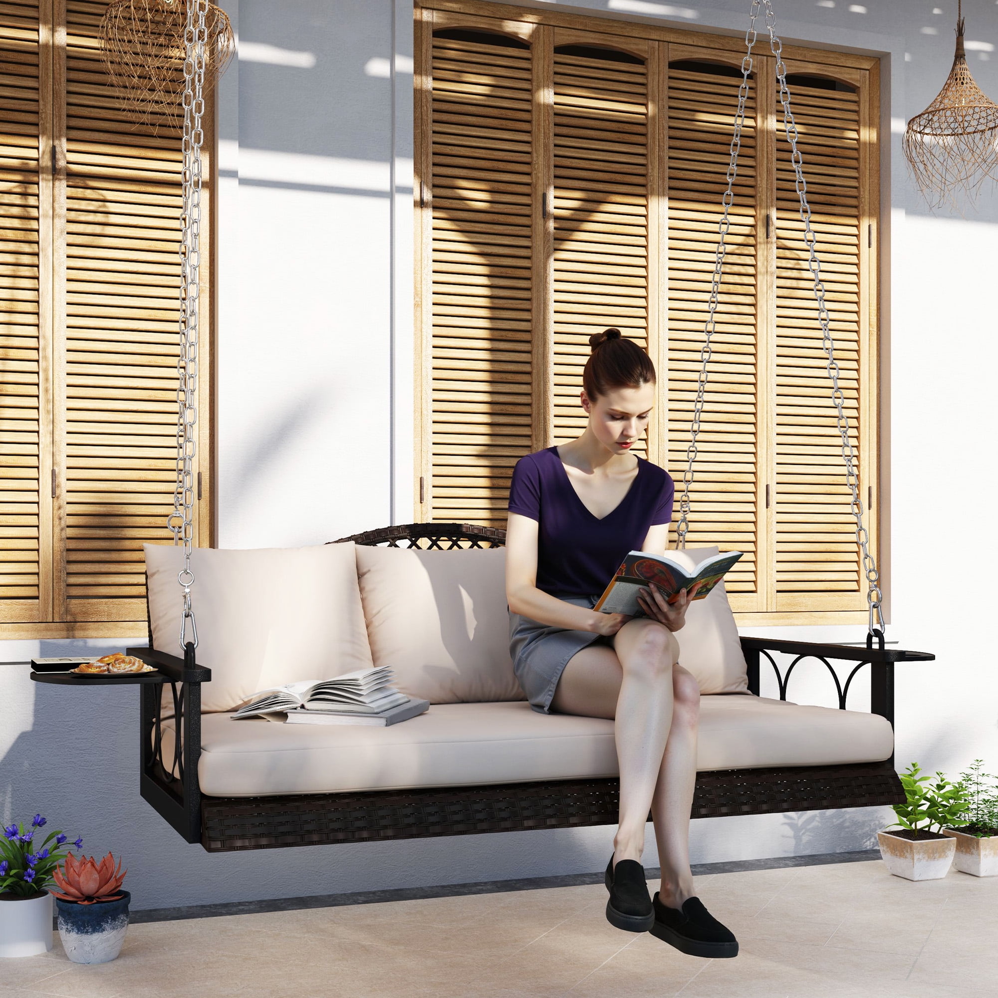 Brown Wicker Hanging Porch Swing with Beige Cushions and Steel Frame