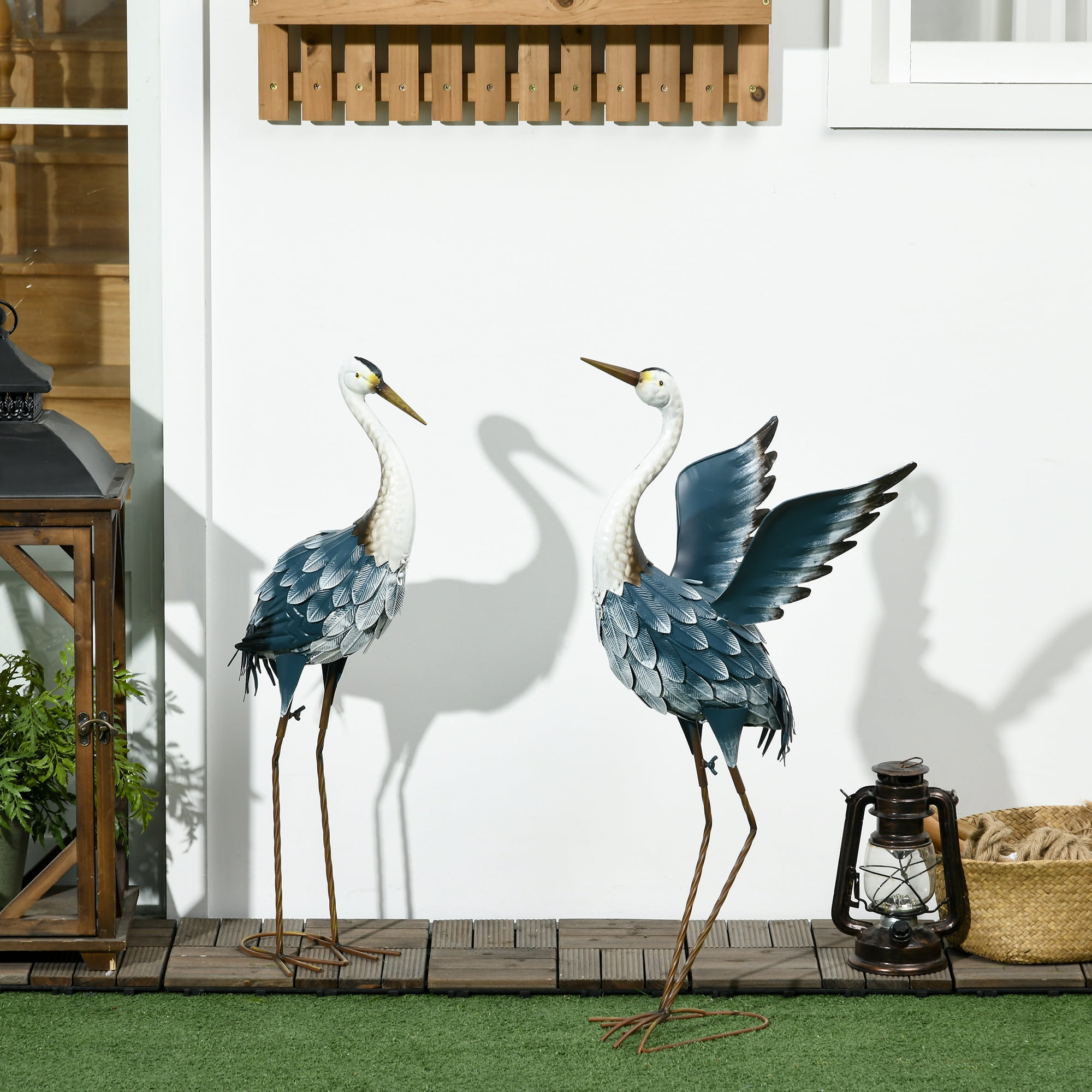 Blue and White Metal Heron Garden Statues Set of 2