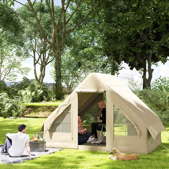 Outsunny Inflatable Camping Tent with Hand Pump, Easy Setup, 4 Season Blow Up Tent, with Mesh Windows and Doors