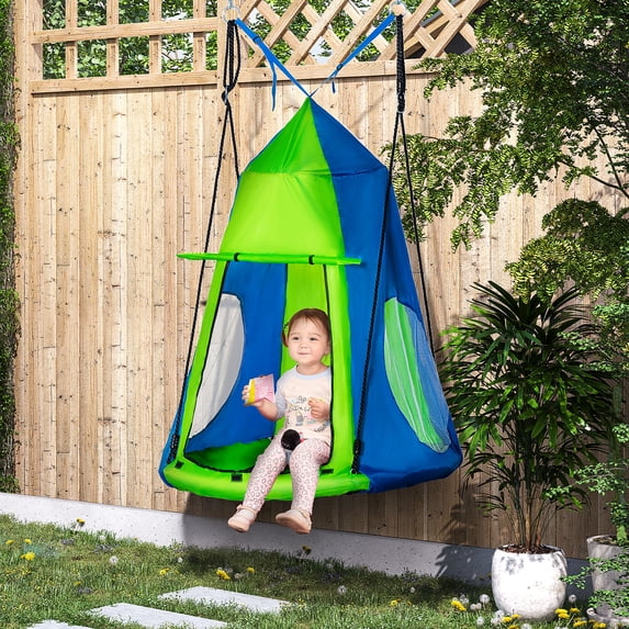 Outsunny Kids Hanging Tree Swing Tent for Backyard, Waterproof Hammock Chair Nest Pod, Saucer Swing with Screen Window, Rolling Door, Green