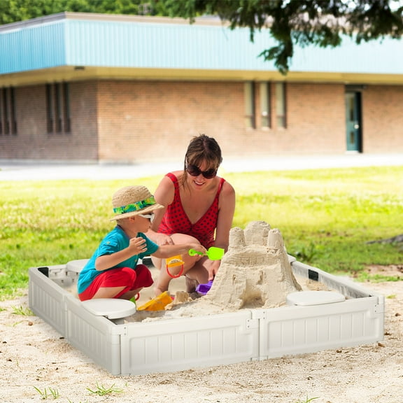 Outsunny Kids Outdoor Sandbox with Cover Garden Bed, Easy Assembly for Backyard, Cream White