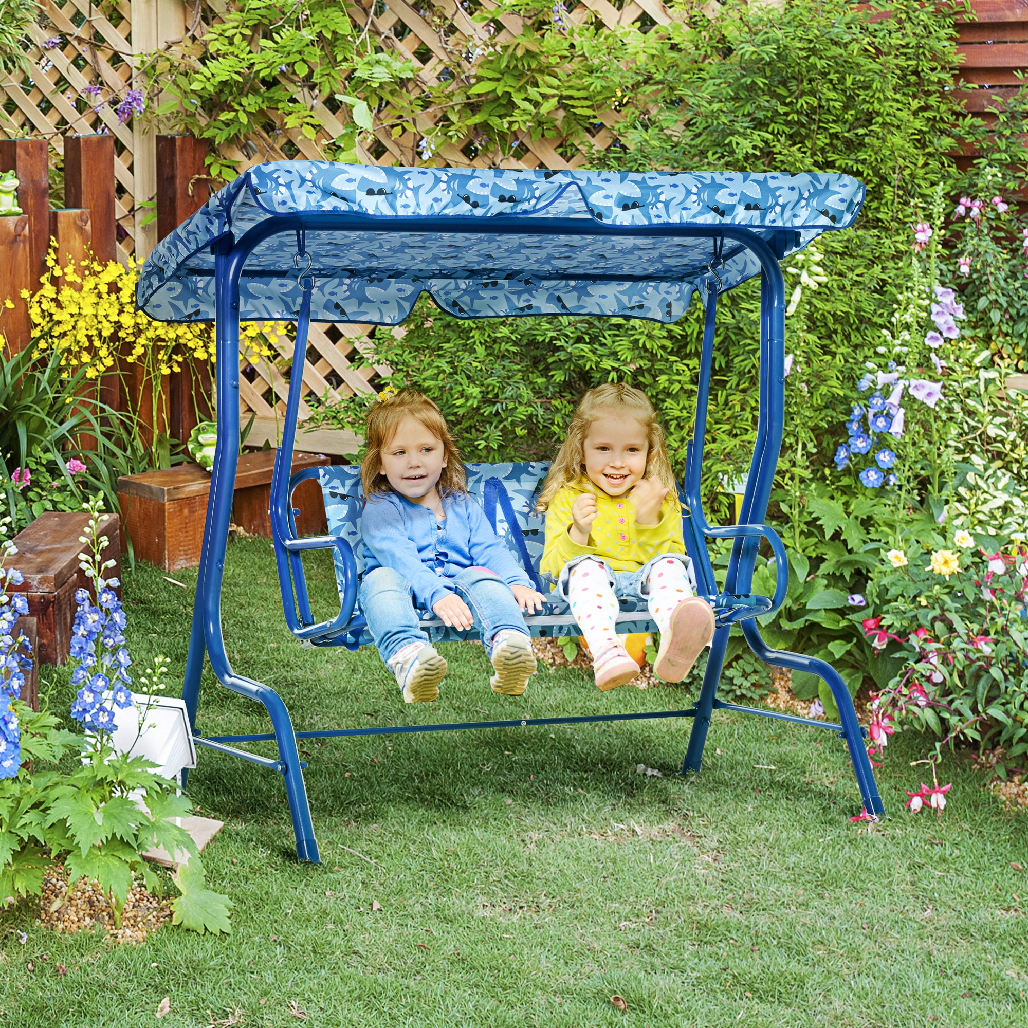Outsunny Kids Patio Swing Outdoor 2 Seat Children Porch Bench with Adjustable Canopy