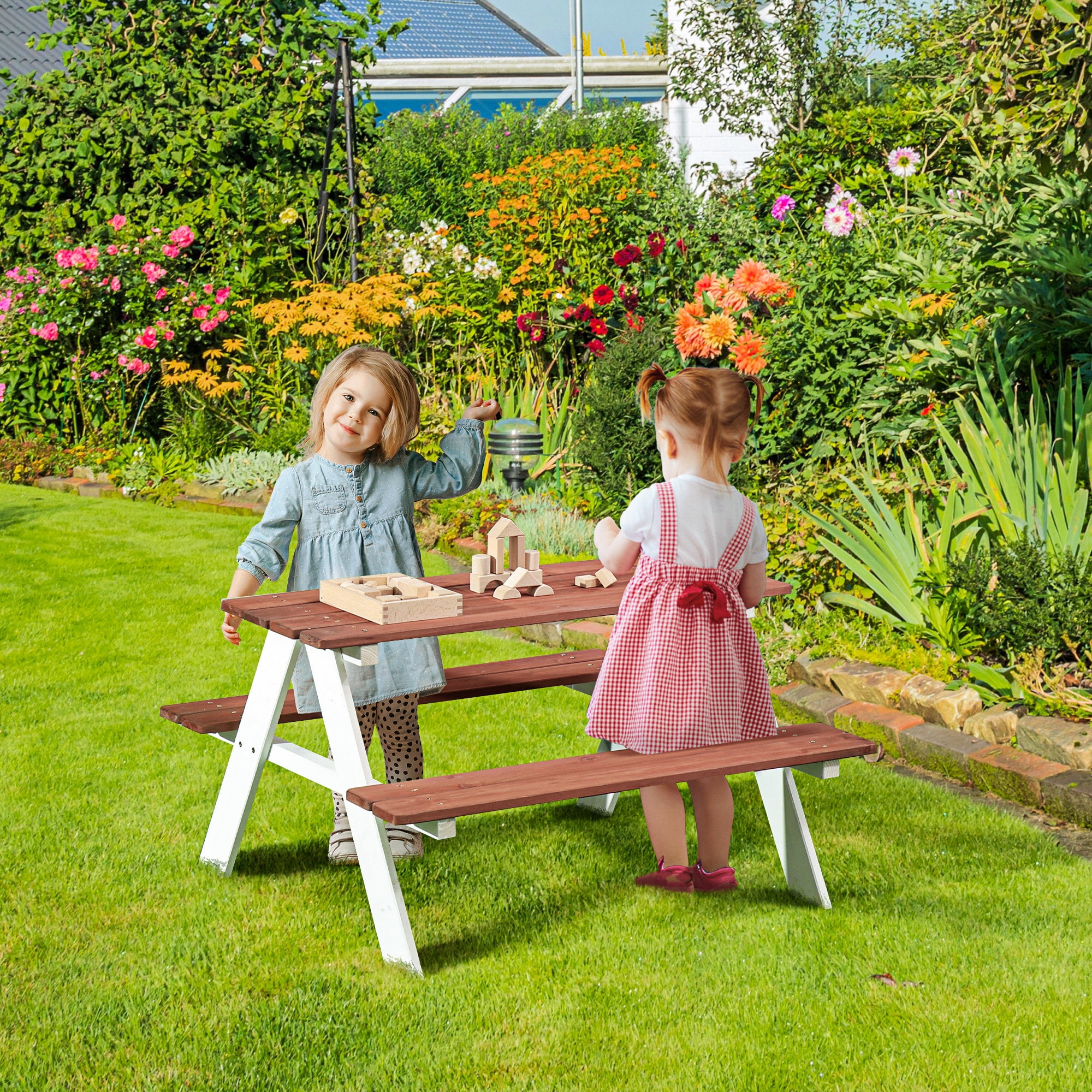 Weatherproof Brown and White Wooden Kids Picnic Table Set