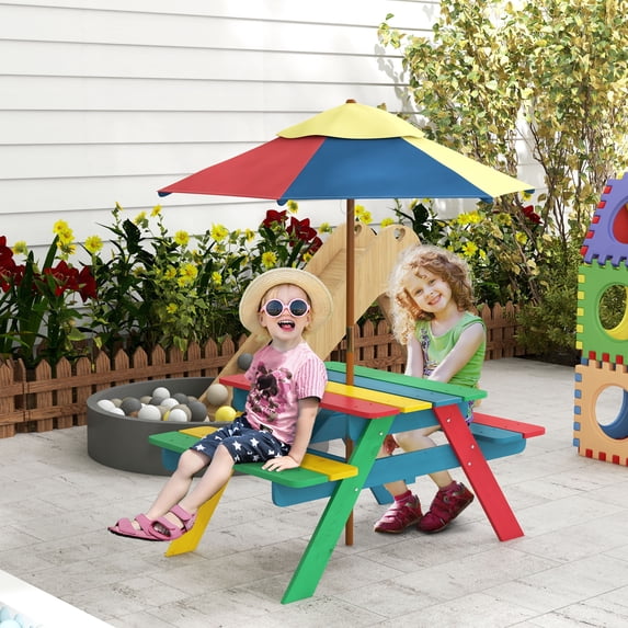 Outsunny Outdoor Kids Picnic Table with Benches and Umbrella, Multicolor