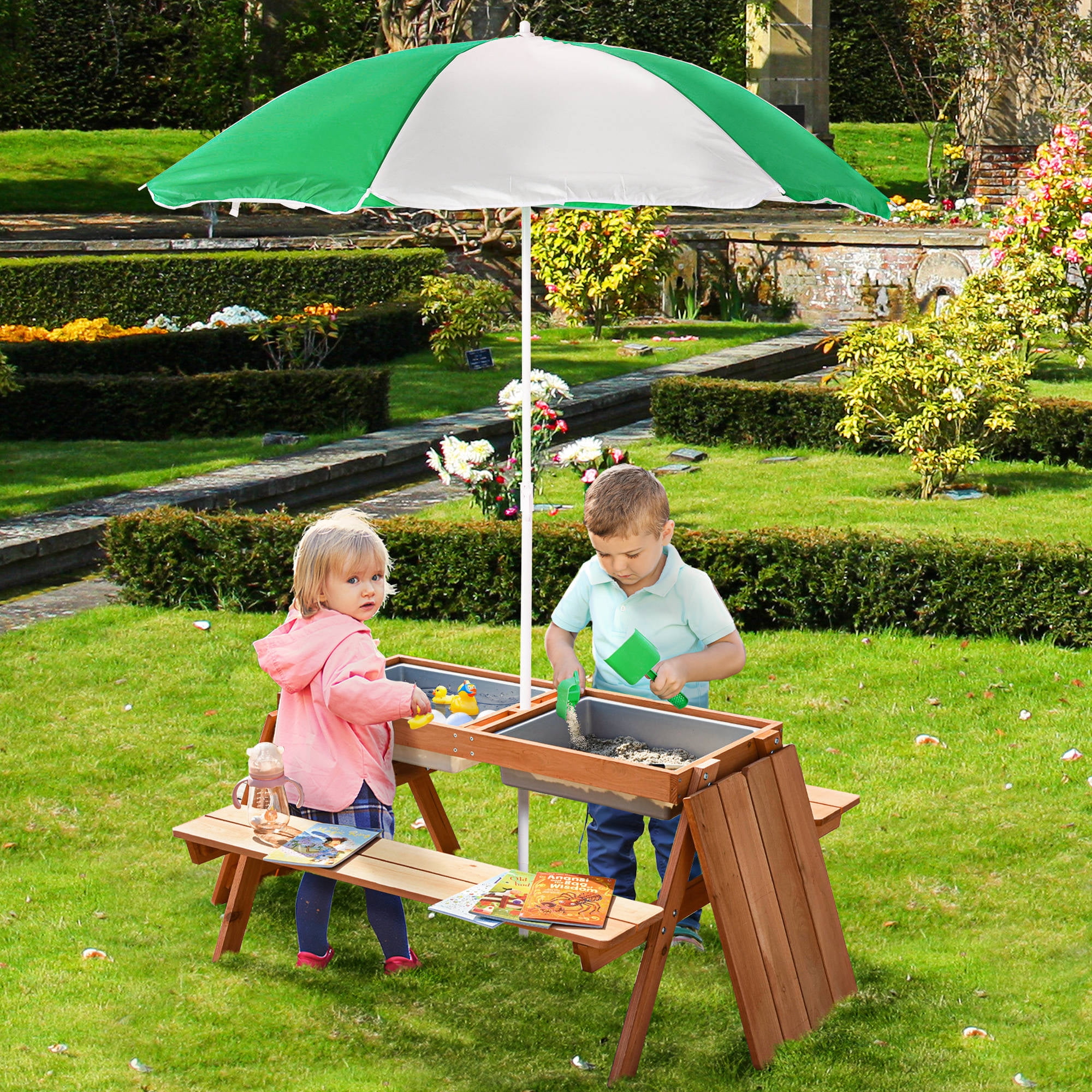 Natural Fir Wood Kids Picnic Table with Green Umbrella and Storage