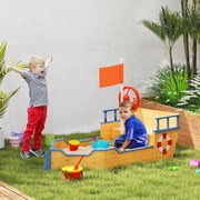 Outsunny Wooden Pirate Ship Sandbox for Kids, Outdoor Sand Box with Bench Seating, Hidden Storage, Steering Wheel, Fir Wood Construction, Natural Wood