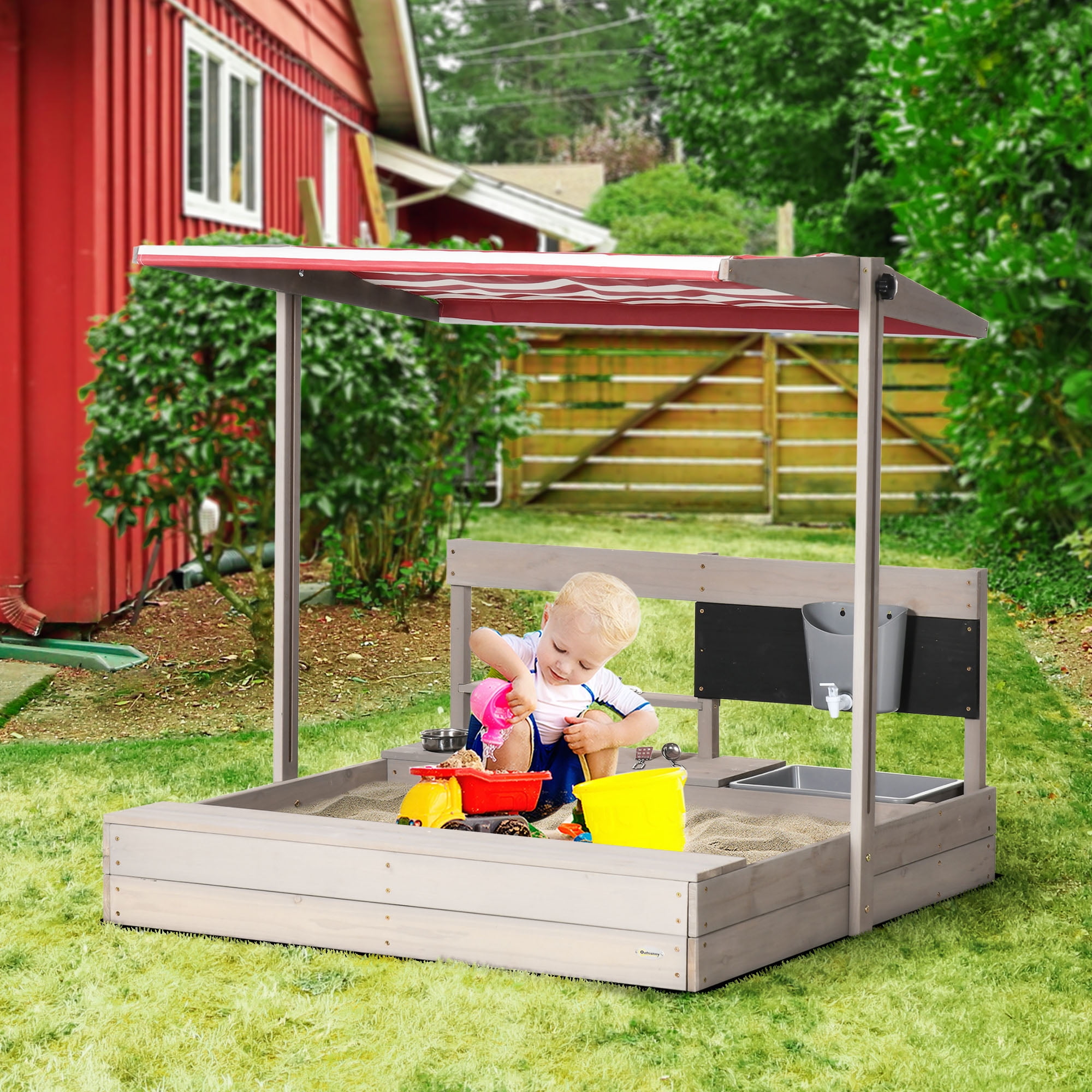 Adjustable Wooden Sandbox with Canopy and Kitchen Playset