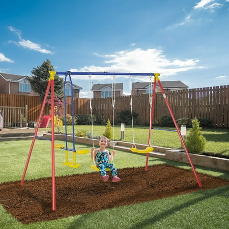 Outsunny Kids Swing Set w/ 2 Seats Glider Adjustable Hanging Rope for Backyard, 3-5 Years
