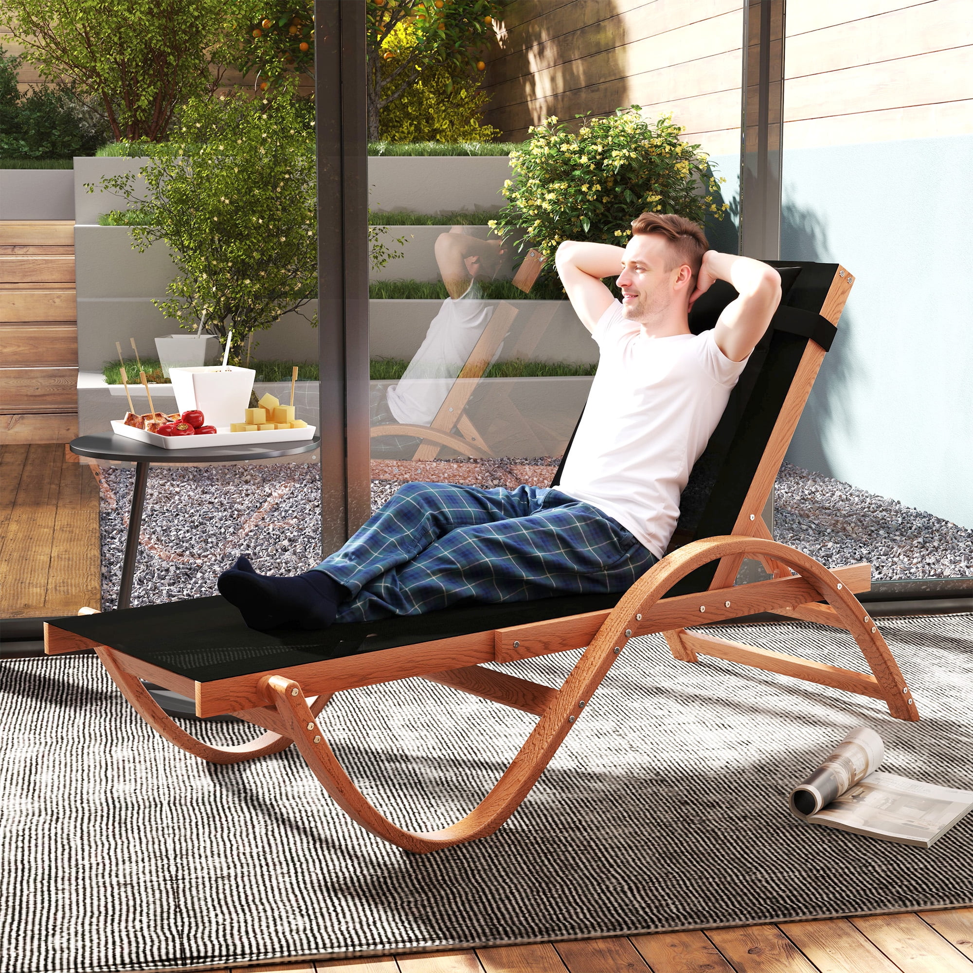 Outsunny Larch Wood Lounge Chair, 4-Level Adjustable Tanning Chair