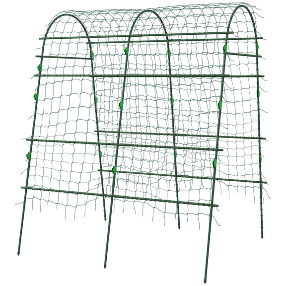 Outsunny Metal Arch Garden Trellis for Climbing Plants, A-Frame with Net, 57"x66"x81", Green Outdoor Decor