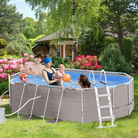 Outsunny 14' x 10' x 3' Above Ground Swimming Pool for 1-6 People, Rectangular Steel Frame, Non-Inflatable, Filter Pump, Gray