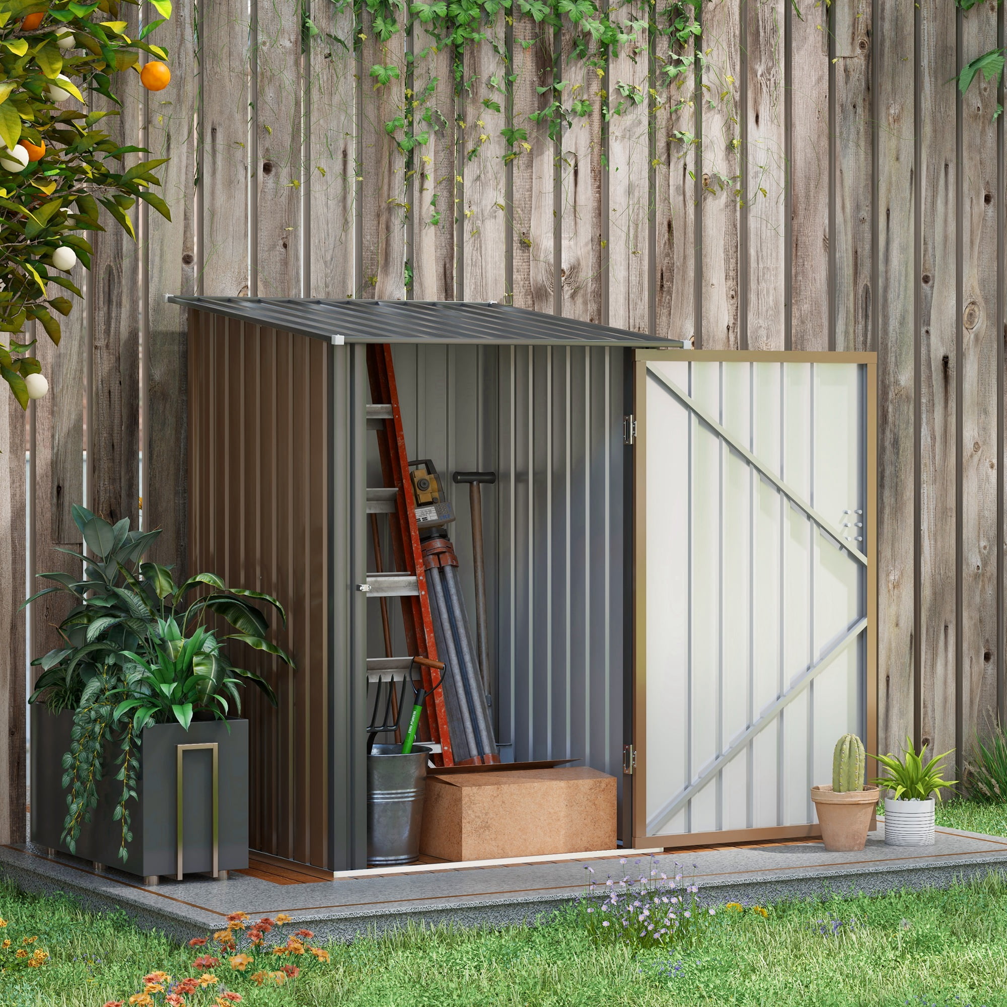Outsunny Metal Outdoor Storage Shed with Lockable Doors, 3.3' x 3.4', Brown