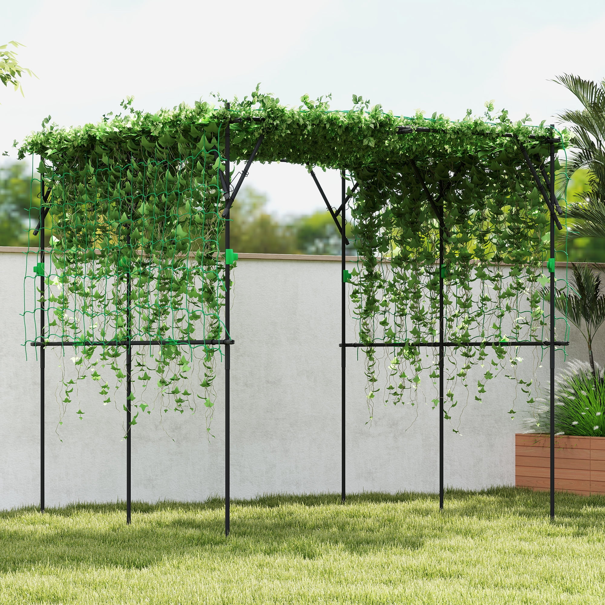 Outsunny Metal Plant Trellis Support, 7.3 FT Tall Cucumber Trellis with Climbing Net, Garden Arch Trellis for Climbing Plants Outdoor, Black