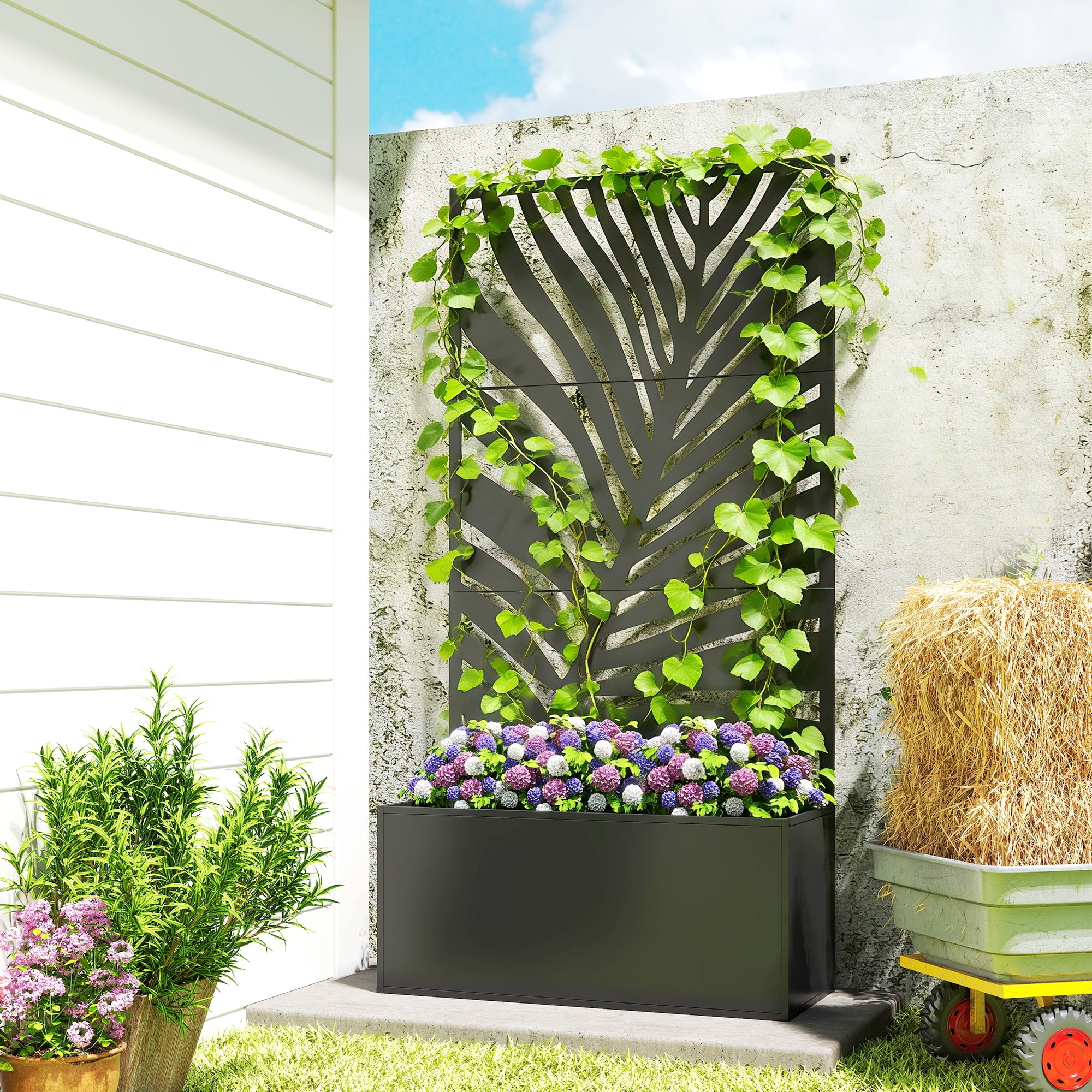 Outsunny Metal Planter Box with Trellis, Raised Garden Bed with Privacy Screen for Climbing Plants, Leaf Cut-Out Privacy Planter