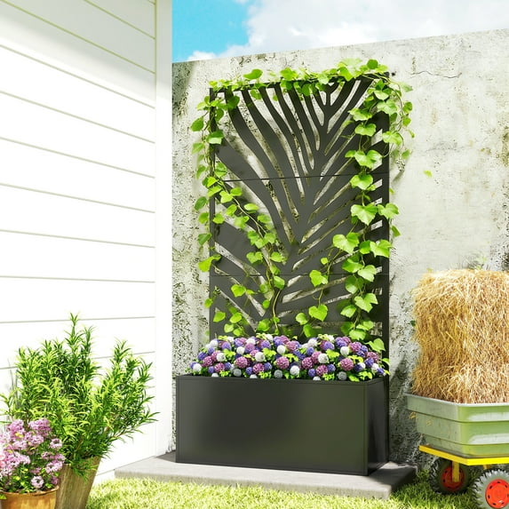 Outsunny Metal Planter Box with Trellis, Raised Garden Bed with Privacy Screen for Climbing Plants, Leaf Cut-Out Privacy Planter