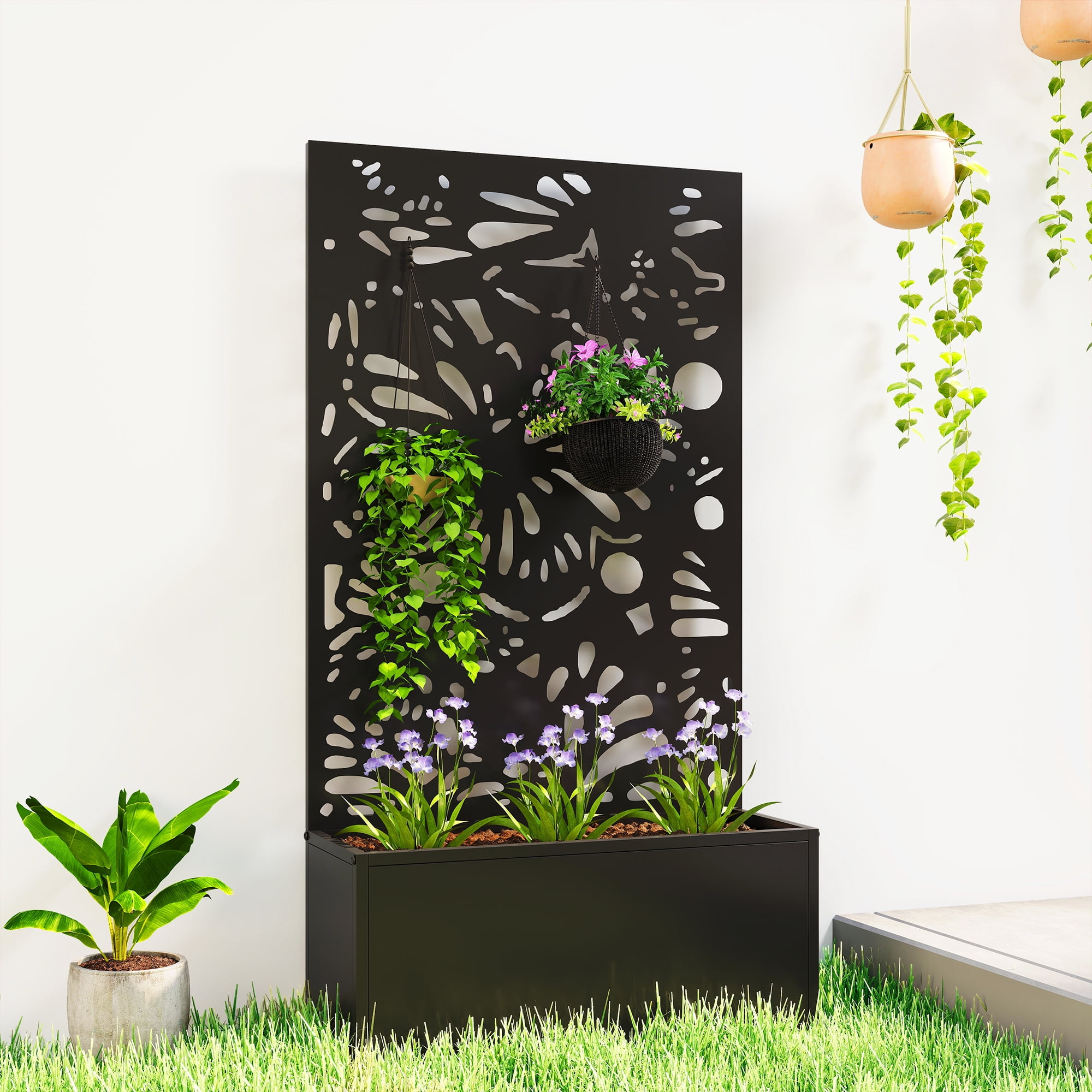 Outsunny Metal Raised Garden Bed with Trellis, Freestanding or Wall Mounted Raised Flower Bed with Privacy Panel for Garden, Patio, Balcony