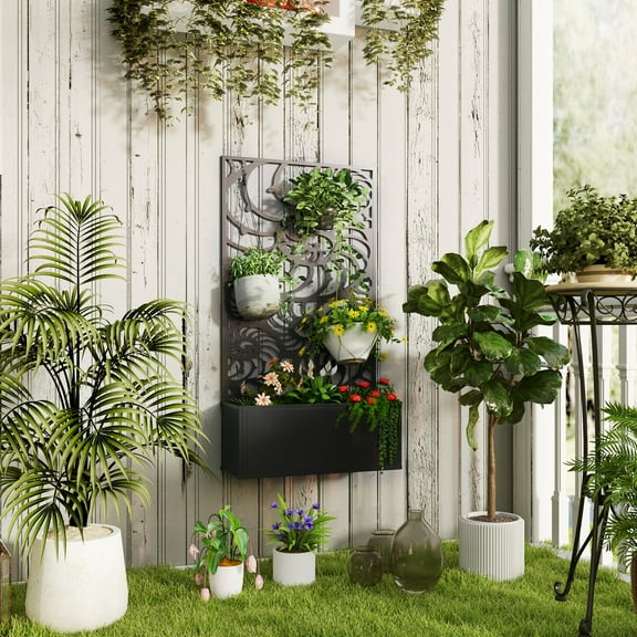 Outsunny Metal Raised Garden Bed with Trellis, Freestanding or Wall Mounted Raised Flower Bed with Privacy Panel for Garden, Patio, Balcony