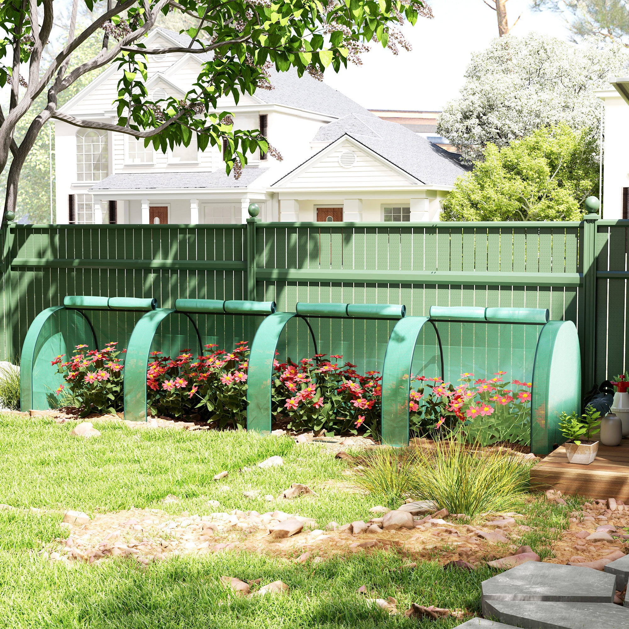 Outsunny Mini Greenhouse, 13' x 3' x 2.5' Portable Tunnels, 4 Roll-Up Zip Doors, UV Waterproof PE Cover, Steel Frame, Green