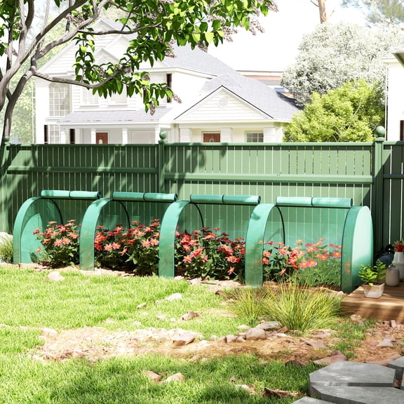 Outsunny Mini Greenhouse, 13' x 3' x 2.5' Portable Tunnels, 4 Roll-Up Zip Doors, UV Waterproof PE Cover, Steel Frame, Green