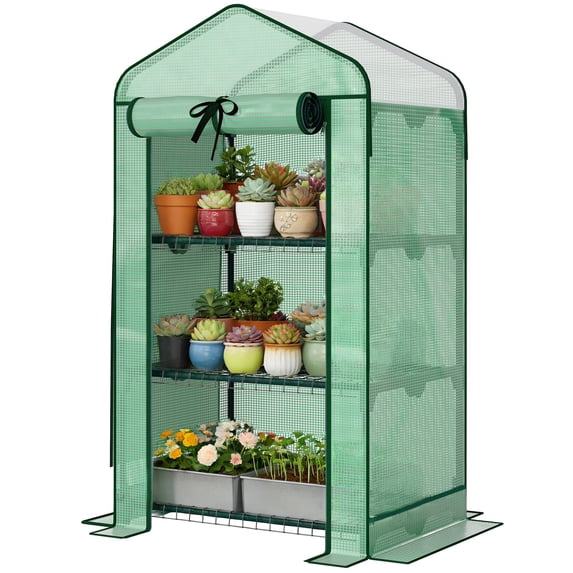 Outsunny Mini Greenhouse with Mesh Roof, 3-Tier Portable Plant Shelves, UV Resistant PE Cover & Steel Frame, 27.6" x 19.7" x 50" Small Outdoor Garden Greenhouse, Green