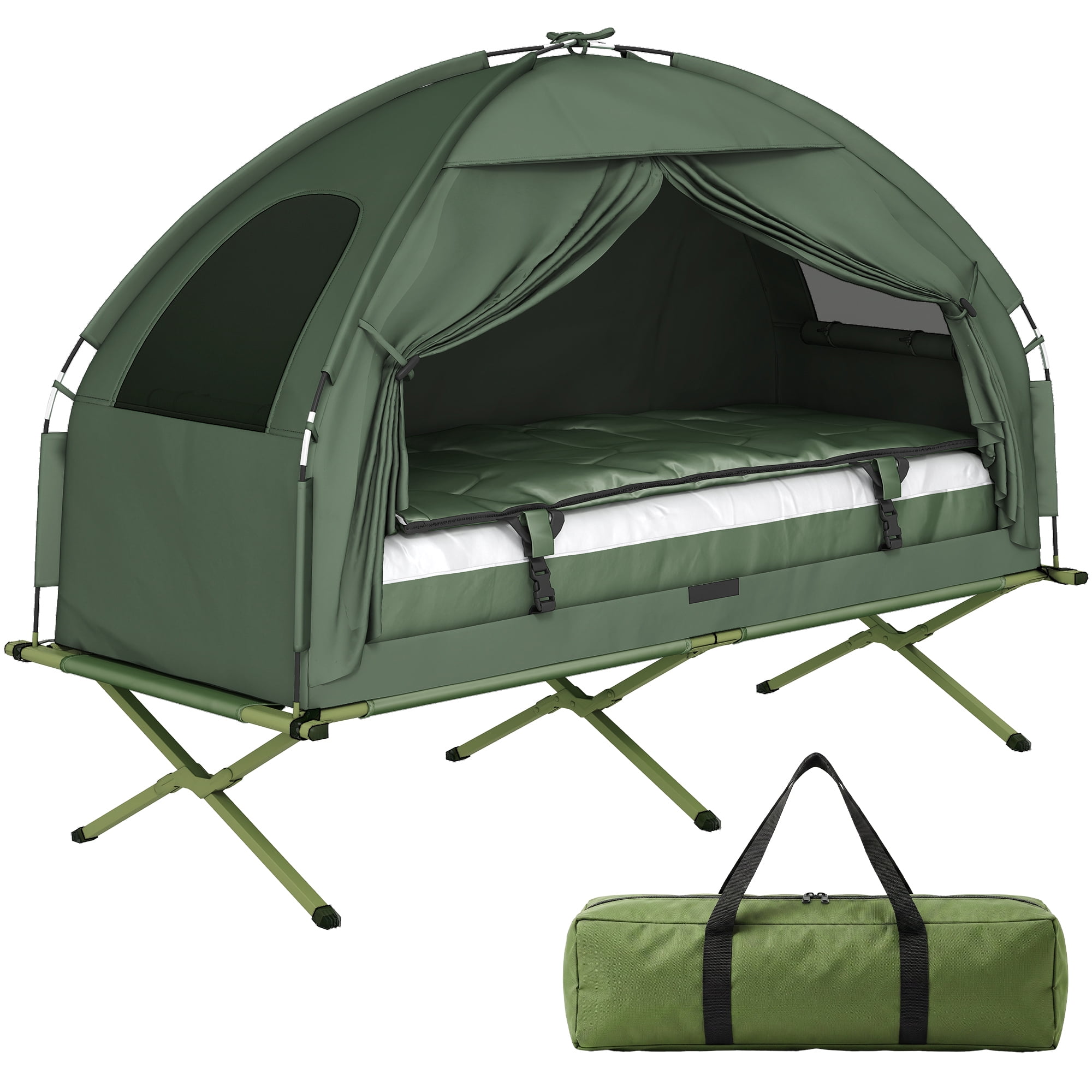 Outsunny Camping Tent Cot Combo, Portable Elevated Camp Bed with Tent, Folding Sleeping Cot with Carry Bag, Zipper Door, Green