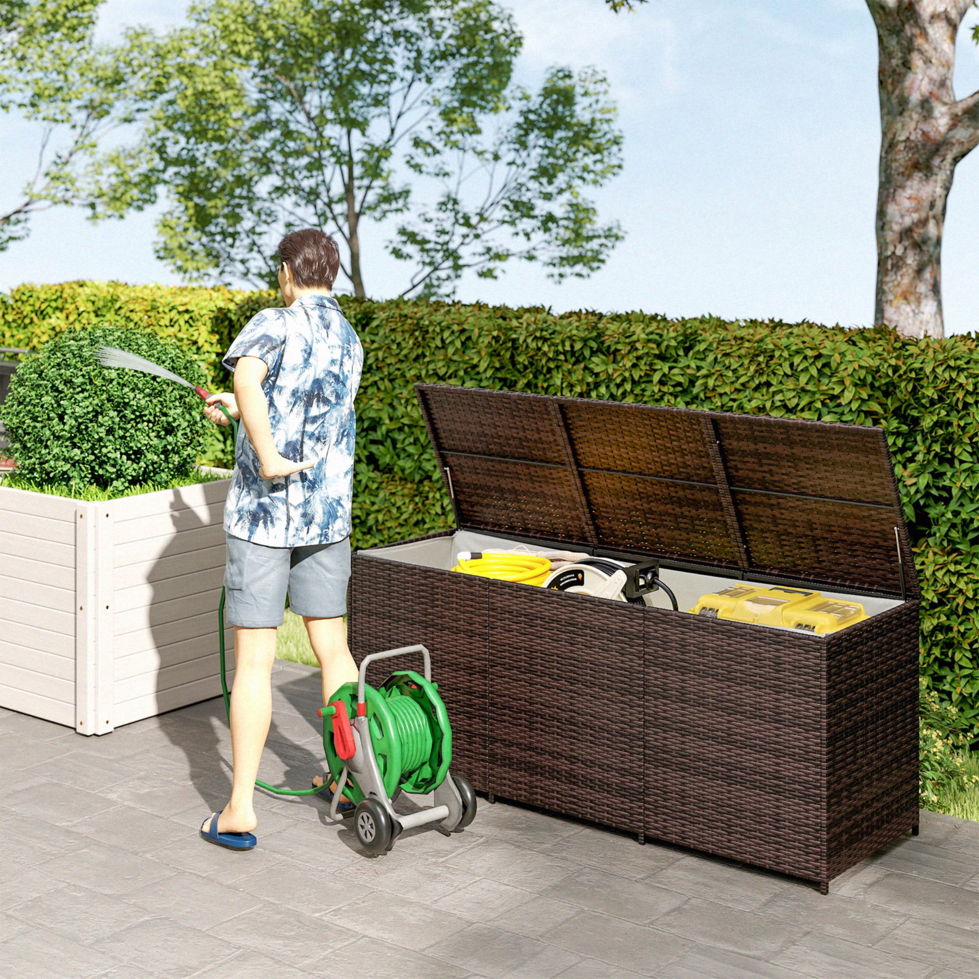Outdoor Rack Box Outsunny 175 Gallon Outdoor Storage Box with Inner Liner, PE Rattan ...