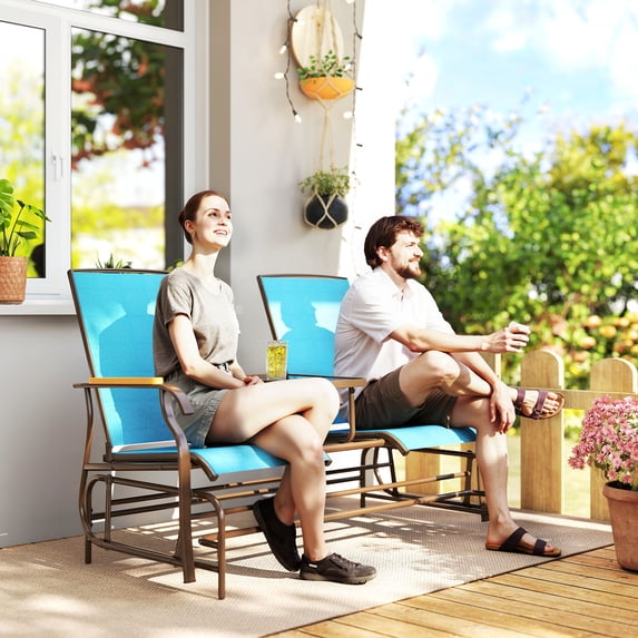 Outsunny Outdoor 2-Person Glider Bench with Table, Outside Breathable Mesh Swing Chair for Patio, Garden, Backyard, Porch, Blue