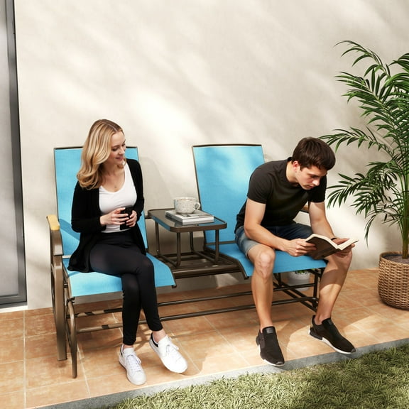 Outsunny Outdoor 2-Person Glider Bench with Table, Outside Breathable Mesh Swing Chair for Patio, Garden, Backyard, Porch, Blue