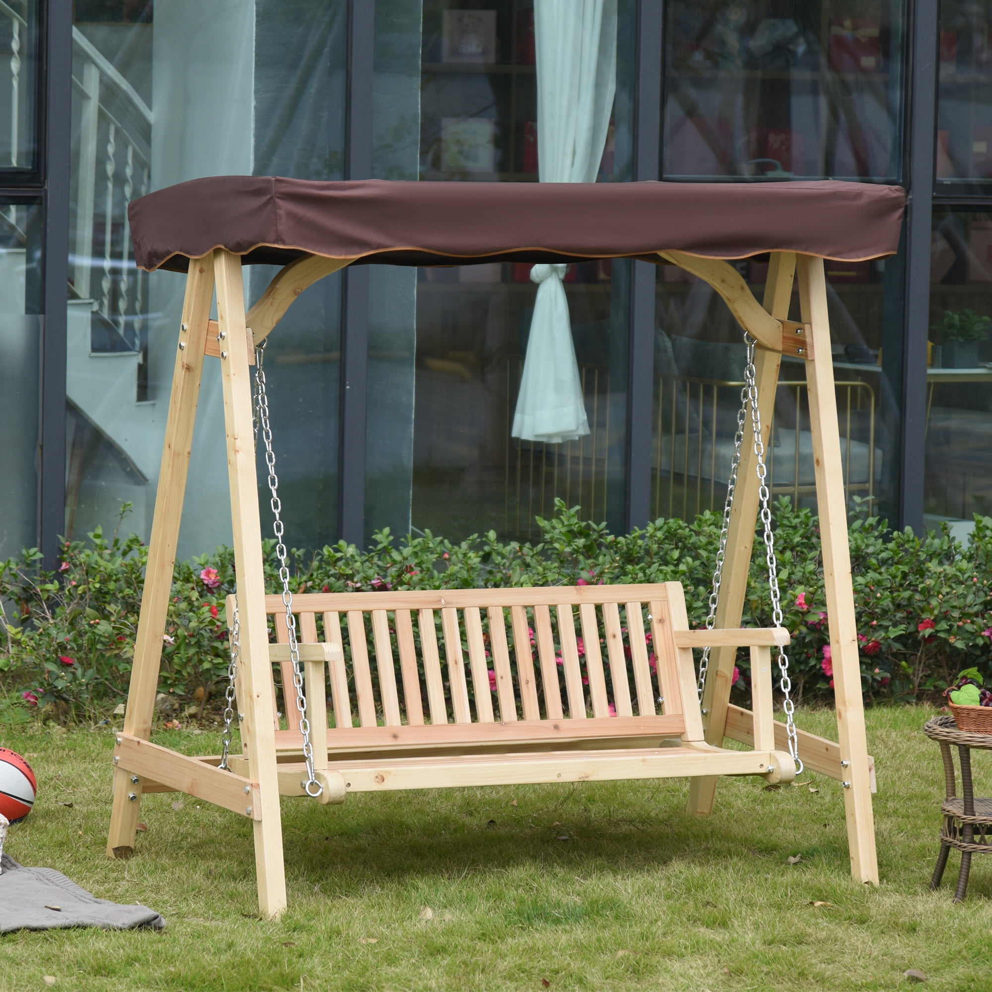 Natural Fir Wood 2-Seater Porch Swing with Brown Canopy