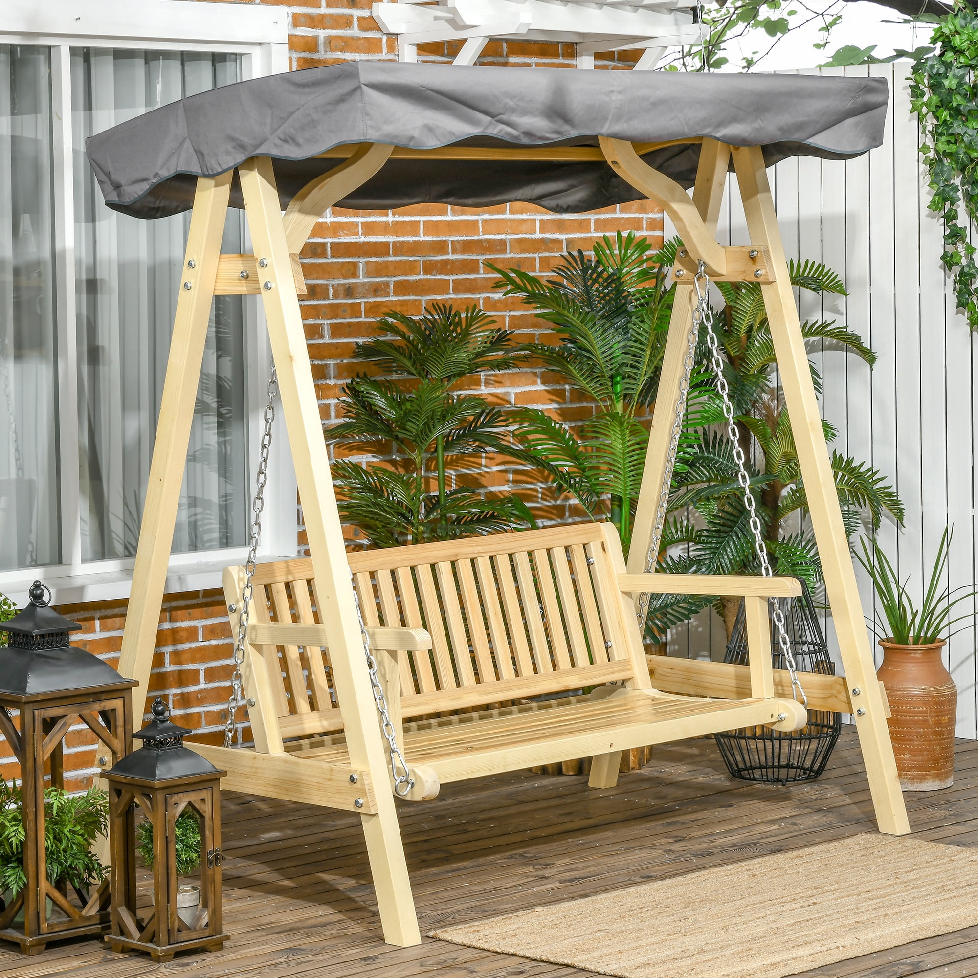 Rustic Fir Wood 2-Seater Porch Swing with Adjustable Canopy