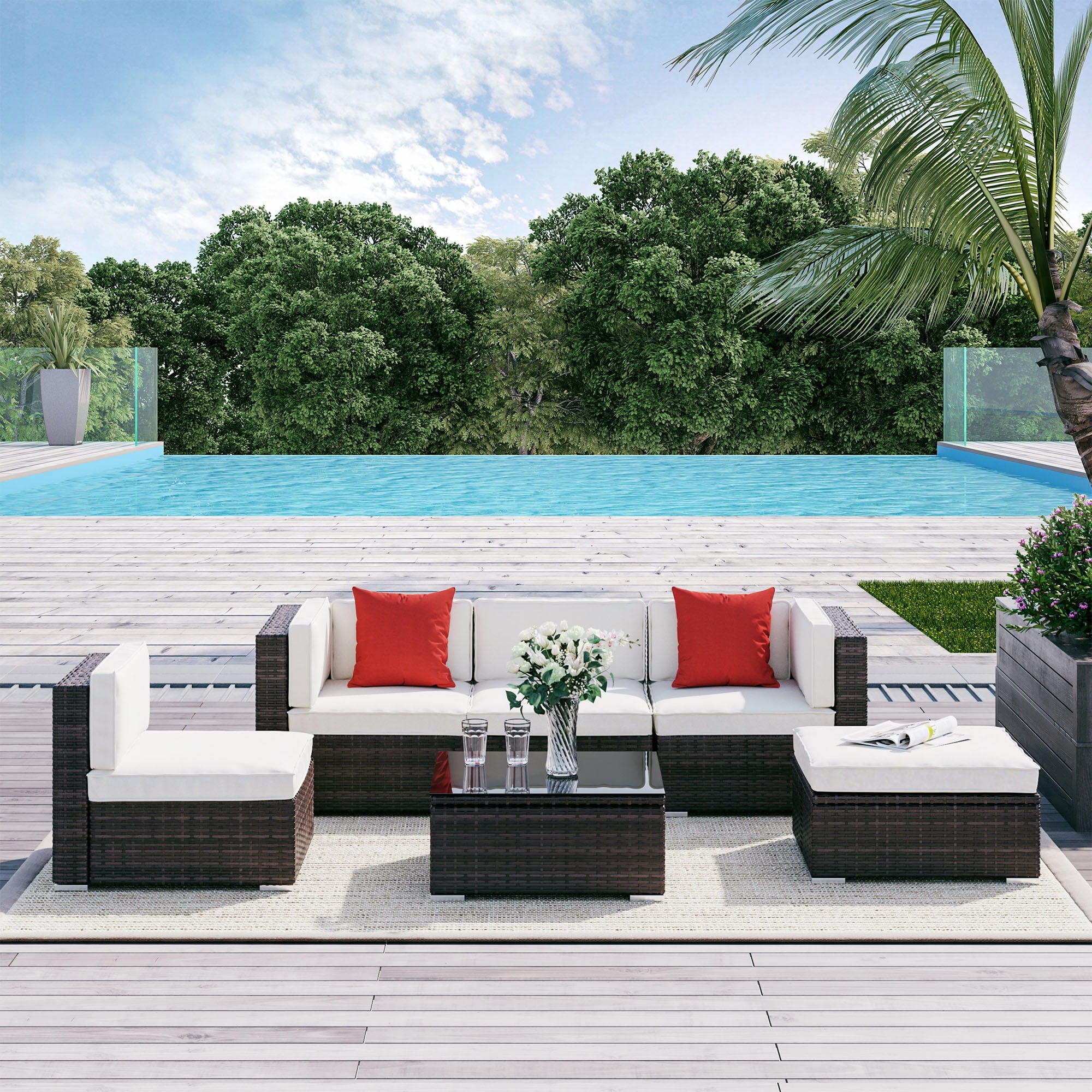 Outsunny Home Furniture 6 Piece Terrace Corner Patio Set Mixed Brown Cream White Walmart
