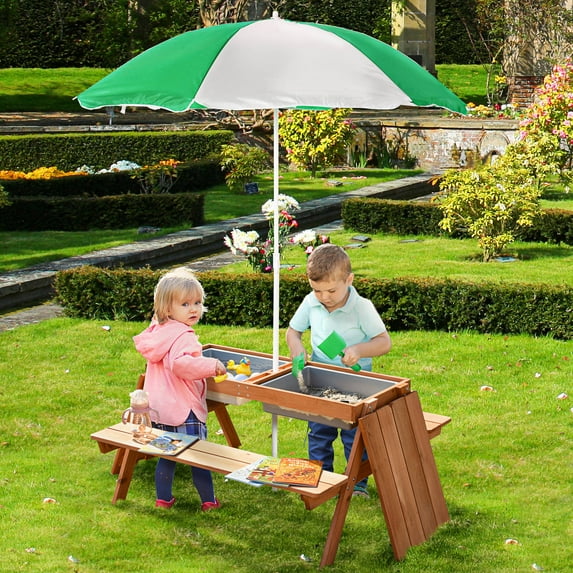 Outsunny Outdoor Adjustable Kids Picnic Table with Storage and Umbrella, Natural