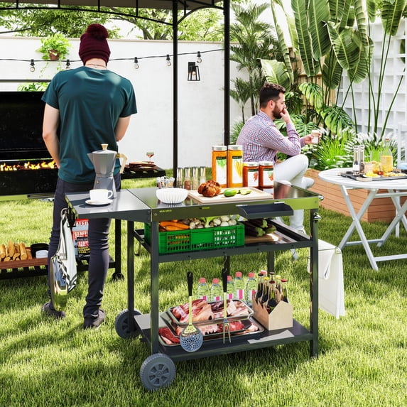 Outsunny Outdoor Bar Cart Grill Table with Wheels, Stainless Steel Tabletop Outdoor Pizza Oven Stand Prep Table with Three-Shelf Storage and Hooks