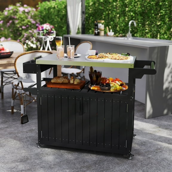 Outsunny Outdoor Bar Cart with Storage, Stainless Steel Top, HDPE Outdoor Kitchen Cart on Wheels, Outdoor Bar Table Beverage Food Prep Station, Black