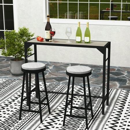 Outsunny Outdoor Bar Table, 47" Patio Bar Height Table with Built-In Bottle Opener, Plastic Top with Wood Grain and Steel Frame, Light Brown