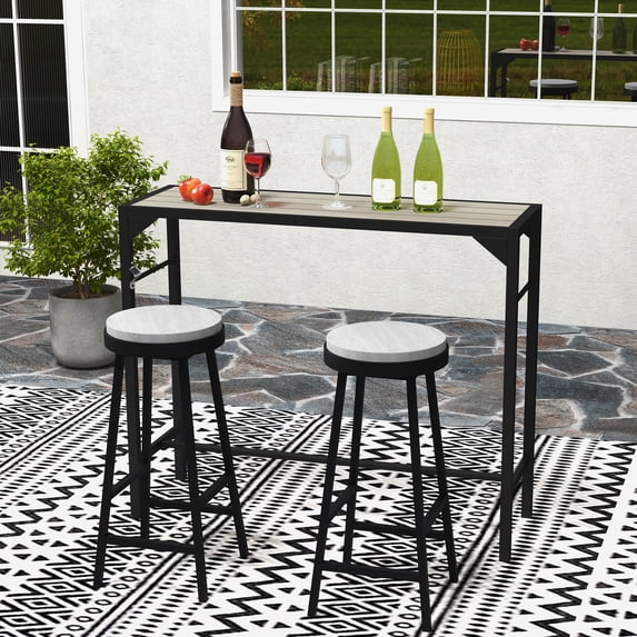 Outsunny Outdoor Bar Table, 47" Patio Bar Height Table with Built-In Bottle Opener, Plastic Top with Wood Grain and Steel Frame, Light Brown