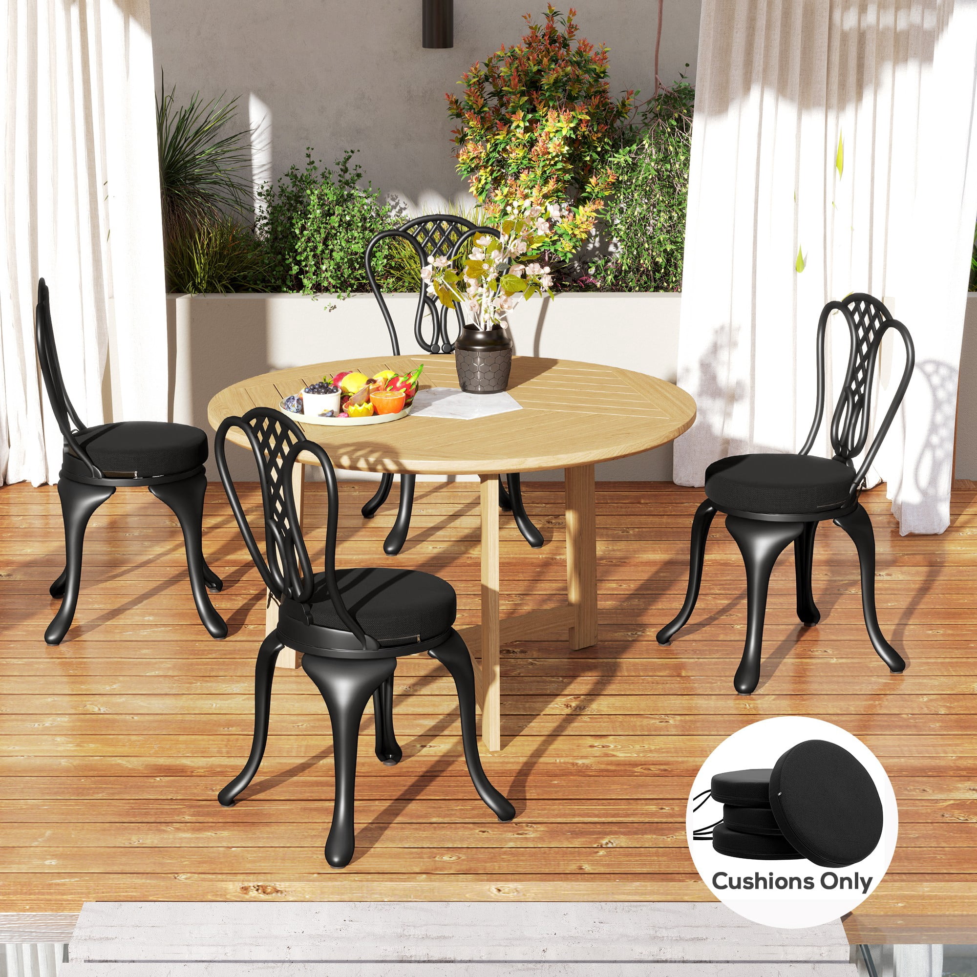 Outsunny Outdoor Chair Cushions Set of 4, Round Seat Cushions for Dining Chairs Bistro Chairs with Machine Washable Cover, 15" x 15" x 3", Black