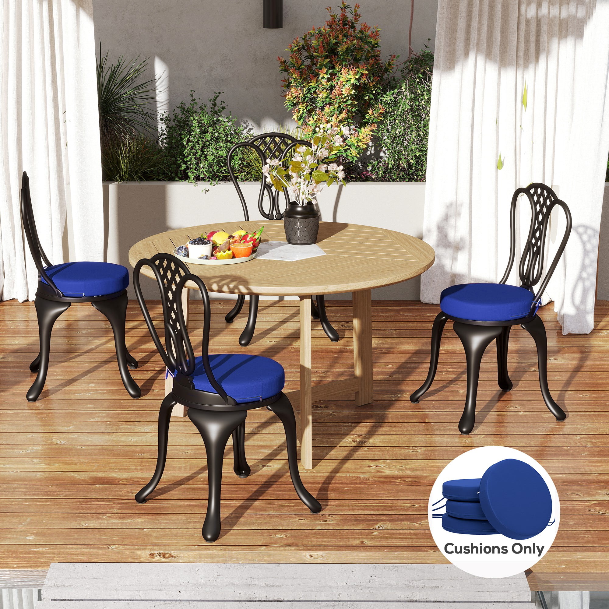 Outsunny Outdoor Chair Cushions Set of 4, Round Seat Cushions for Dining Chairs Bistro Chairs with Machine Washable Cover, 15" x 15" x 3", Navy Blue