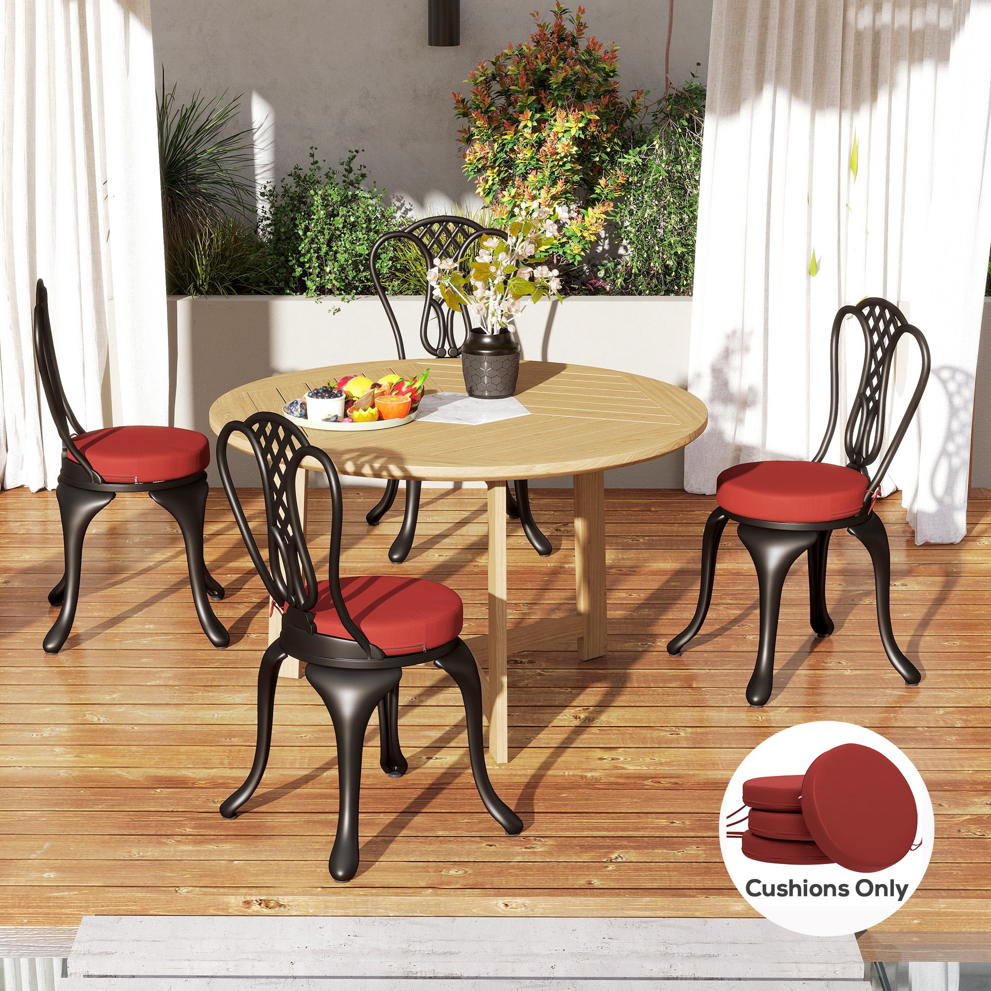 Outsunny Outdoor Chair Cushions Set of 4, Round Seat Cushions for Dining Chairs Bistro Chairs with Machine Washable Cover, 15" x 15" x 3", Wine Red