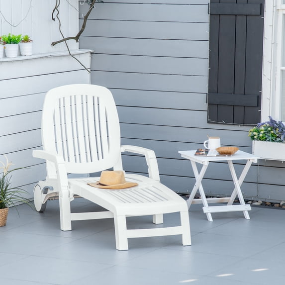 Outsunny Outdoor Chaise Lounge Chair on Wheels with Storage Box, Waterproof with Quick Assembly, Folding, 5 Level Adjustable Backrest for Pool, White