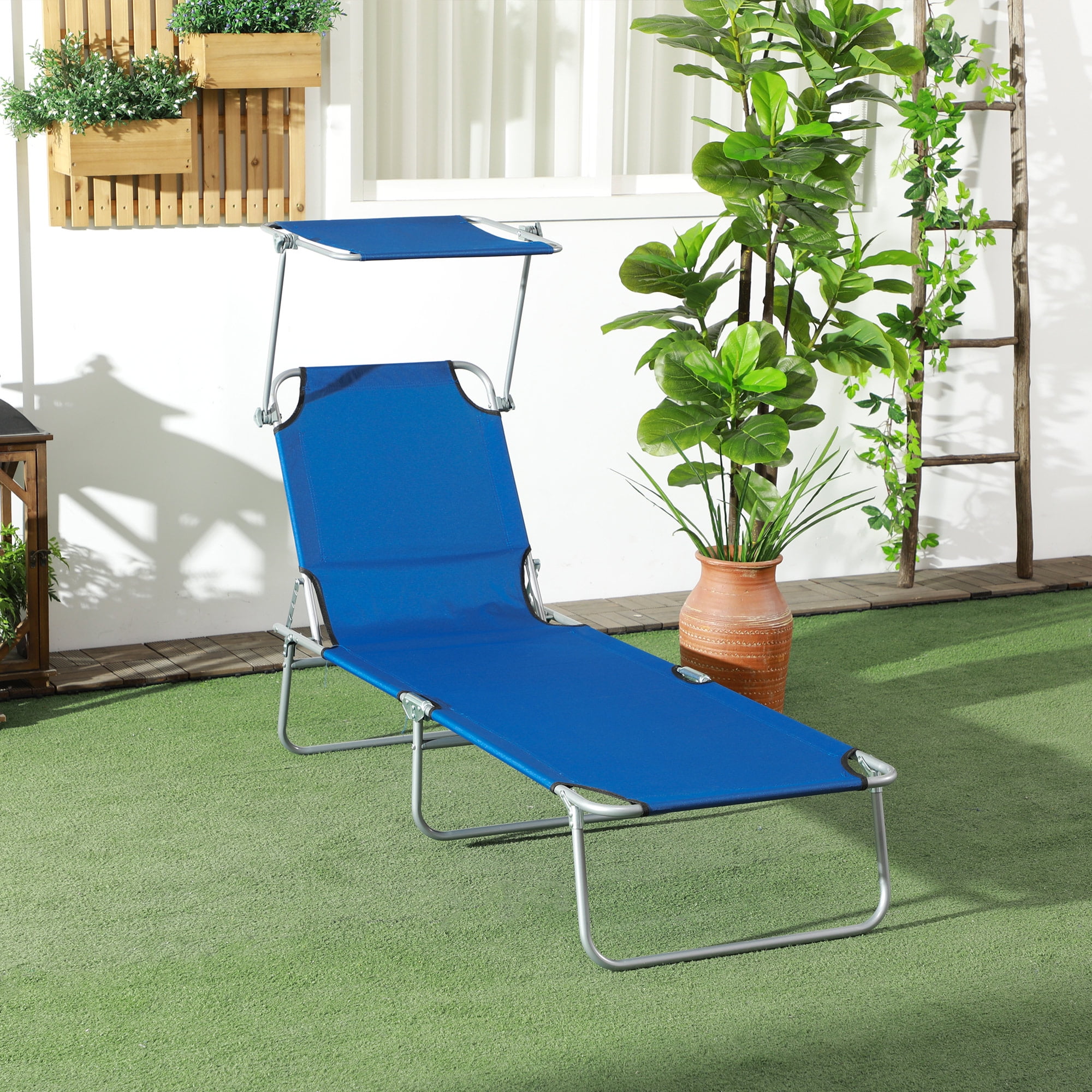 Blue Adjustable Folding Metal Outdoor Chaise Lounge with Sun Shade