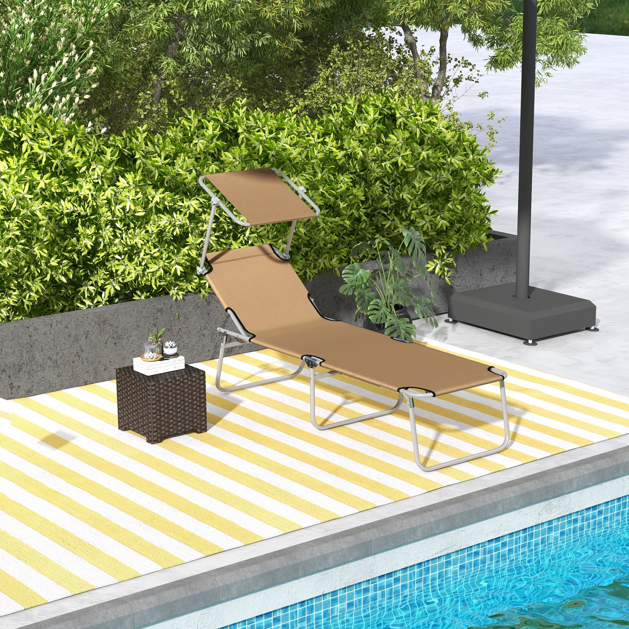Tan Adjustable Folding Steel Outdoor Chaise Lounge with Sun Shade